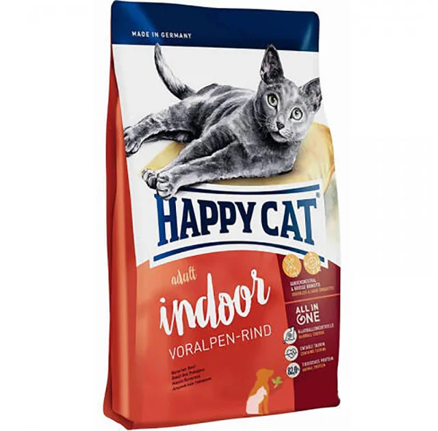 Сухой корм Happy Cat Supreme Indoor Voralpen-Rind для домашних кошек, с говядиной, 1.4 кг