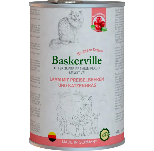 Влажный корм Baskerville Sensitive Lamm Mit Preiselbeeren для котов, ягненок с клюквой и кошачьей мятой, 400 г