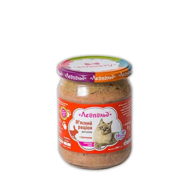 Консерва Леопольд для кошек, мясной рацион с кроликом, 460 г