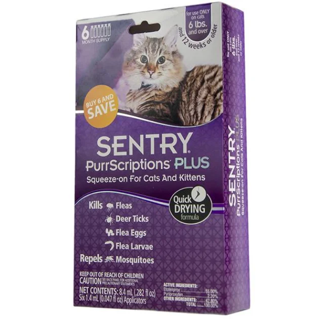 Капли Sentry PurrScriptions от блох и клещей, для кошек весом от 2.2 кг, 1.4 мл, цена за пипетку