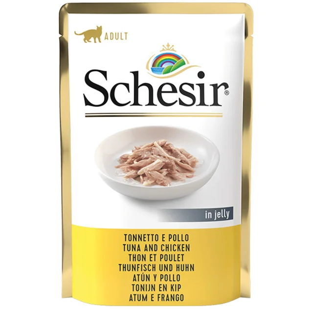 Консерви Schesir Tuna Chicken натуральні, для котів, тунець з курячим філе в желе, пауч 85 г