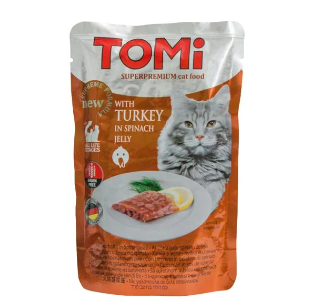 Консервы Tomi TURKEY in spinach jelly индейка в шпинатном желе, суперпремиум, для кошек, пауч, 100 г