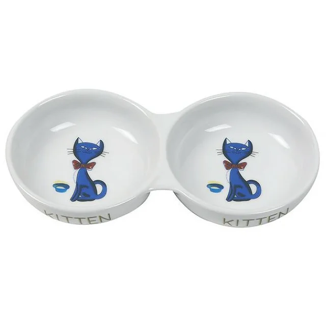 Миска Flamingo Porcelain Double двойная для кошек с рисунком, керамика, 24 см