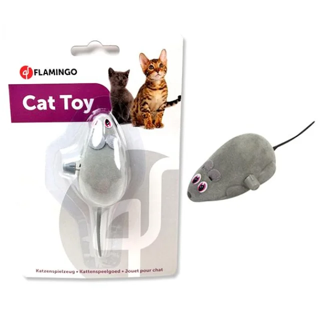 Игрушка Flamingo Wind UP Mouse заводная, для кошек, мышь на колесиках, серый велюр, 6 см
