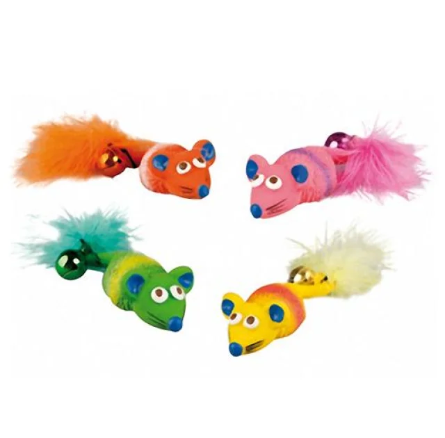 Игрушка Flamingo Mouse Feather & Bell для кошек, мышка с перышком и колокольчиком, латекс, 12х4х2 см