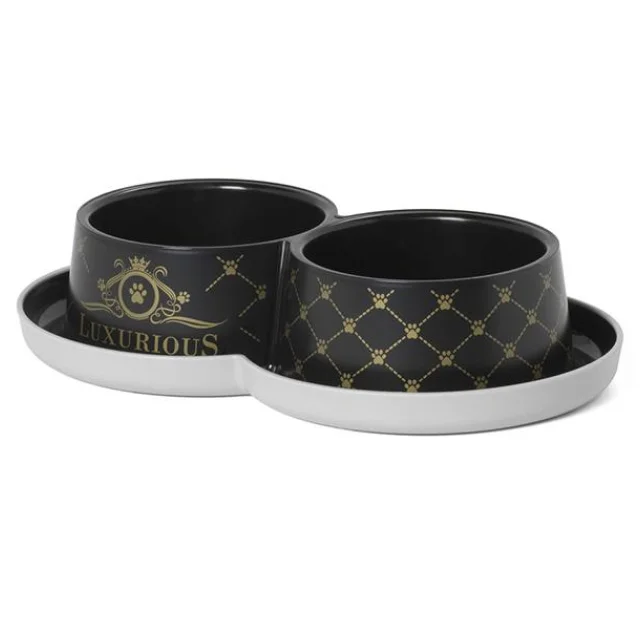 Двойная миска Moderna Double Trendy Dinner Luxurious Рets для кошек, пластик, черная, 700 мл, d-10 см