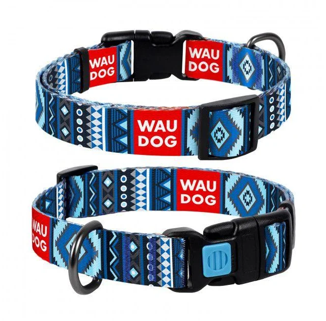 Ошейник Waudog Nylon с рисунком "Этно синий" ширина 15 мм, длина 23-35 см