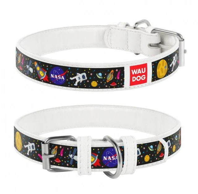 Ошейник Waudog Printed с рисунком "NASA", премиум кожа, металлическая пряжка, 35 мм х 44 см, белый