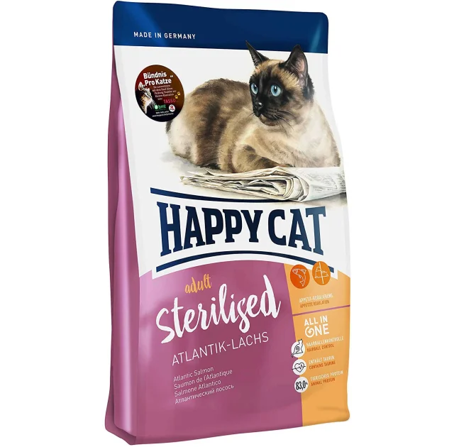 Сухой корм Happy Cat Adult Sterilised для стерилизованных кошек и кастрированных котов, с лососем, 300 г