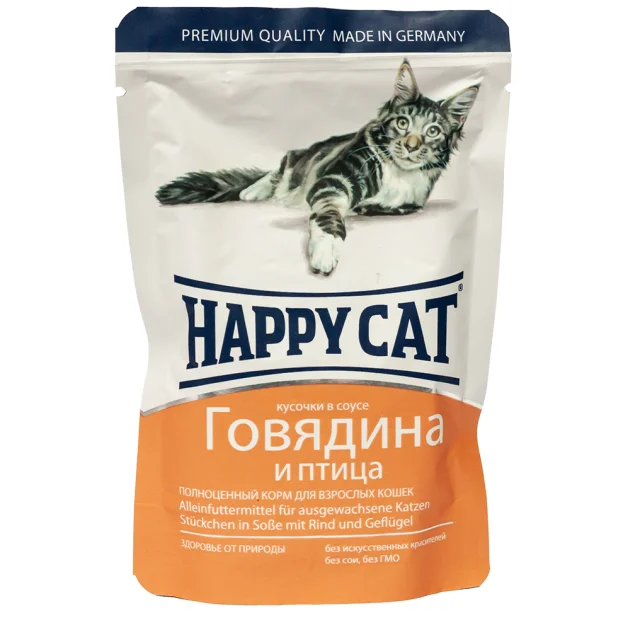 Влажный корм Happy Cat Rind Geflugel in Sosse для взрослых кошек, кусочки в соусе, с говядиной и птицей, 100 г