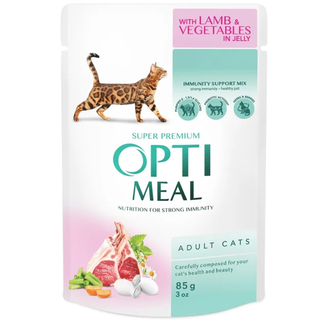 Влажный корм Optimeal для взрослых кошек, с ягненком и овощами в желе, 85 г