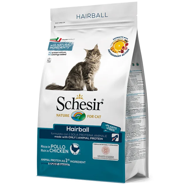Сухий корм Schesir Cat Hairball для виведення шерсті, монопротеїновий, для довгошерстих котів, 400 г