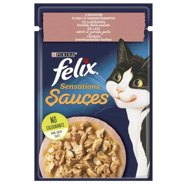 Вологий корм Purina Felix Sensations Sauces для котів, з лососем в соусі зі смаком креветок, 85 г