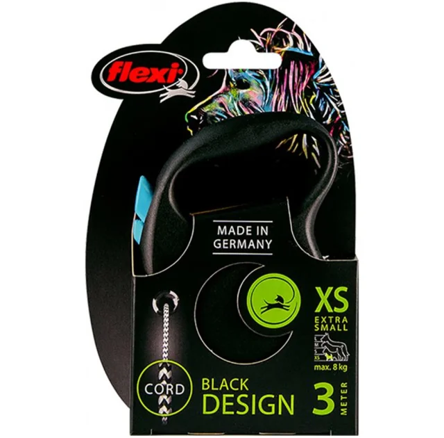 Поводок-рулетка Flexi Black Design XS для собак до 8 кг, 3 м, трос, синяя