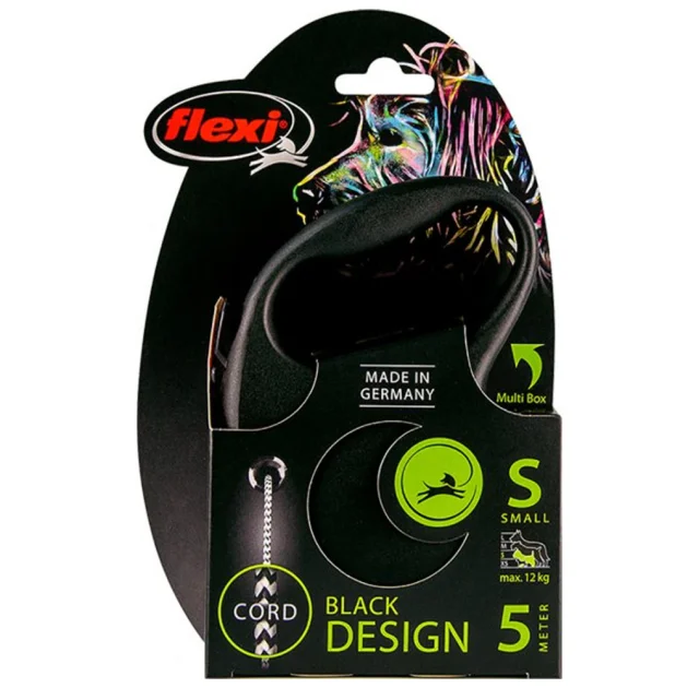 Поводок-рулетка Flexi Black Design S для собак до 12 кг, 5 м, трос, черная