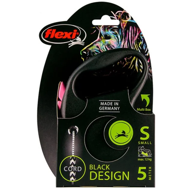Поводок-рулетка Flexi Black Design S для собак до 12 кг, 5 м, трос, розовая