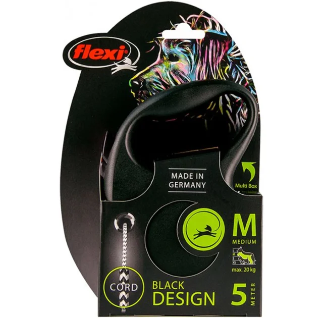 Поводок-рулетка Flexi Black Design M для собак до 20 кг, 5 м, трос, черная
