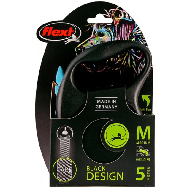 Поводок-рулетка Flexi Black Design M для собак до 25 кг, 5 м, лента, синяя