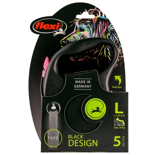 Повідець-рулетка Flexi Black Design L для собак до 50 кг, 5 м, стрічка, рожева