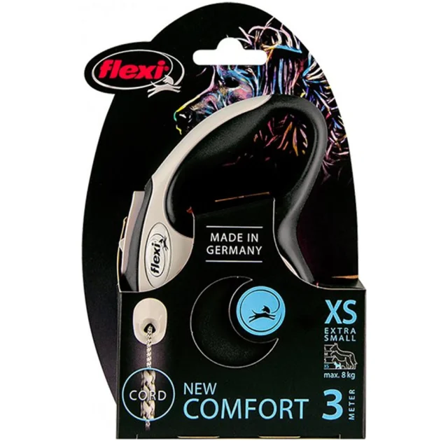 Поводок-рулетка Flexi New Comfort XS для собак до 8 кг, 3 м, трос, чёрный