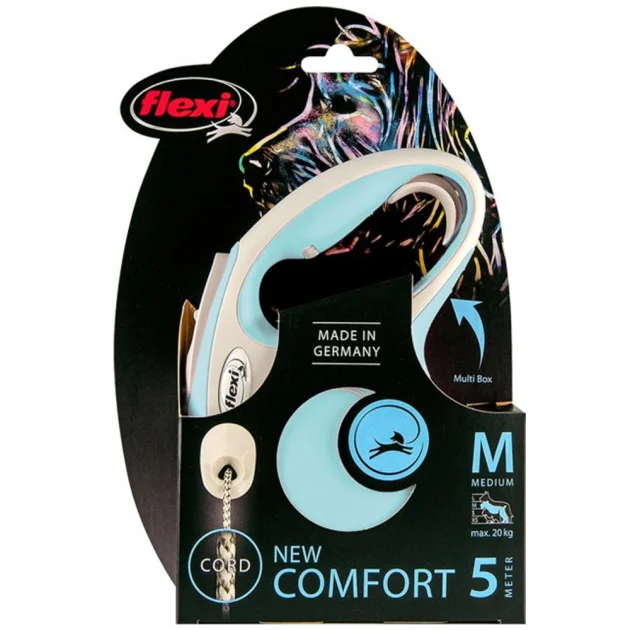 Поводок-рулетка Flexi New Comfort M для собак до 20 кг, 5 м, трос, голубой