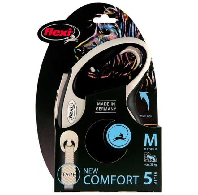Поводок-рулетка Flexi New Comfort M для собак до 25 кг, 5 м, лента, чёрный