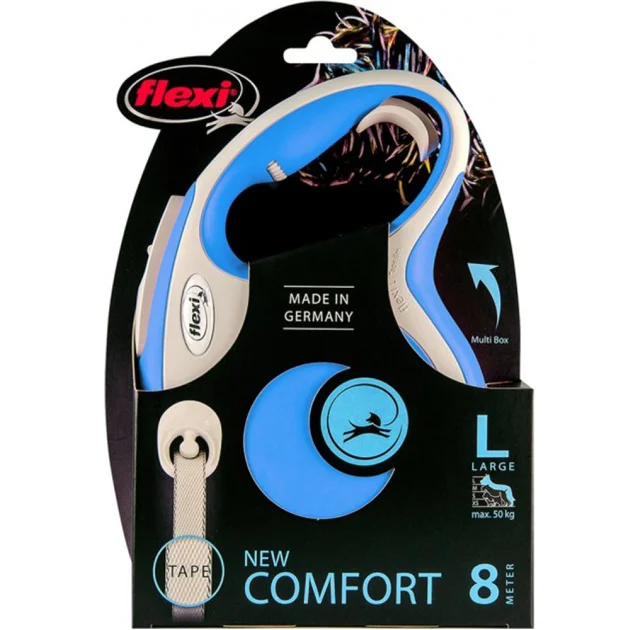 Поводок-рулетка Flexi New Comfort L для собак до 60 кг, 5 м, лента, синий