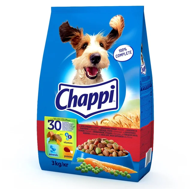 Сухой корм Chappi для взрослых собак, с говядиной, птицей и овощами, 3 кг