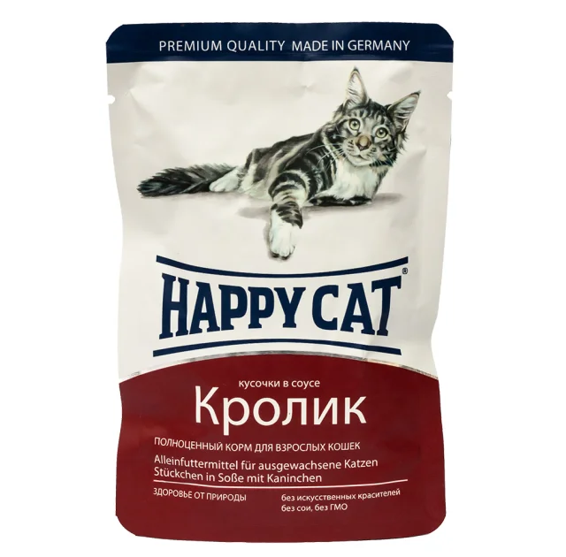 Влажный корм Happy Cat Kaninchen in Sosse для взрослых кошек, кусочки в соусе, с кроликом, 100 г