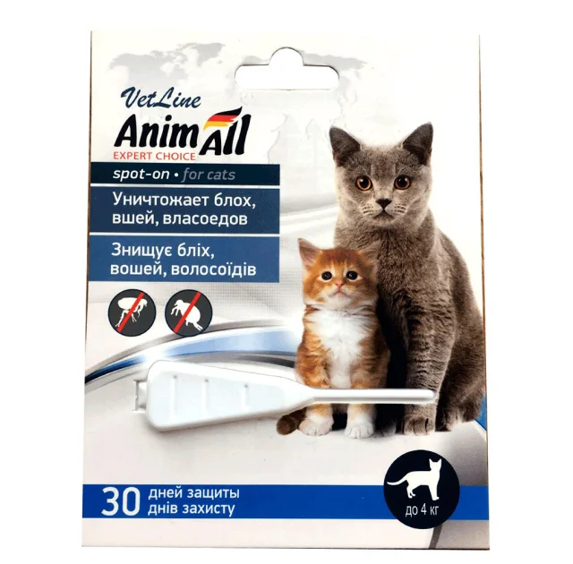 Капли AnimAll VetLine Спот он против блох, вшей, власоедов, для котов до 4 кг, 0.5 мл