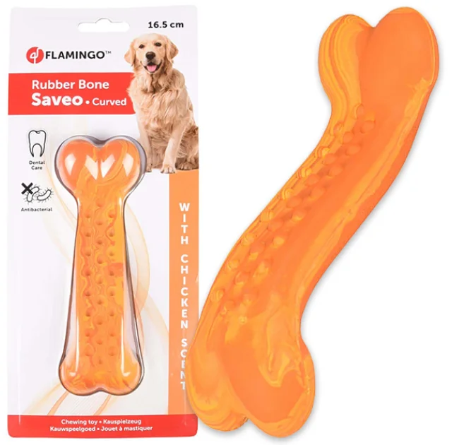 Іграшка жувальна Flamingo Rubber Saveo Curved Bone Chicken, смак курки, для собак, 16.5 × 5 см