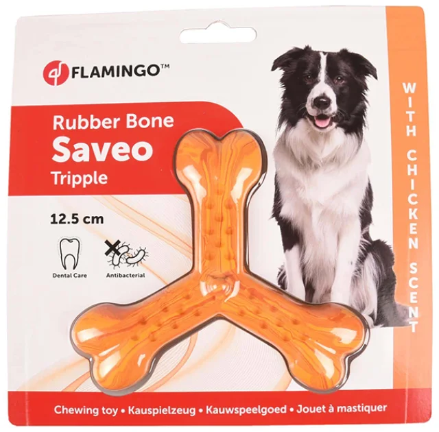 Игрушка Flamingo Rubber Flexo Saveo Triple Bone Chicken, вкус курицы, для собак, 12.5×11 см