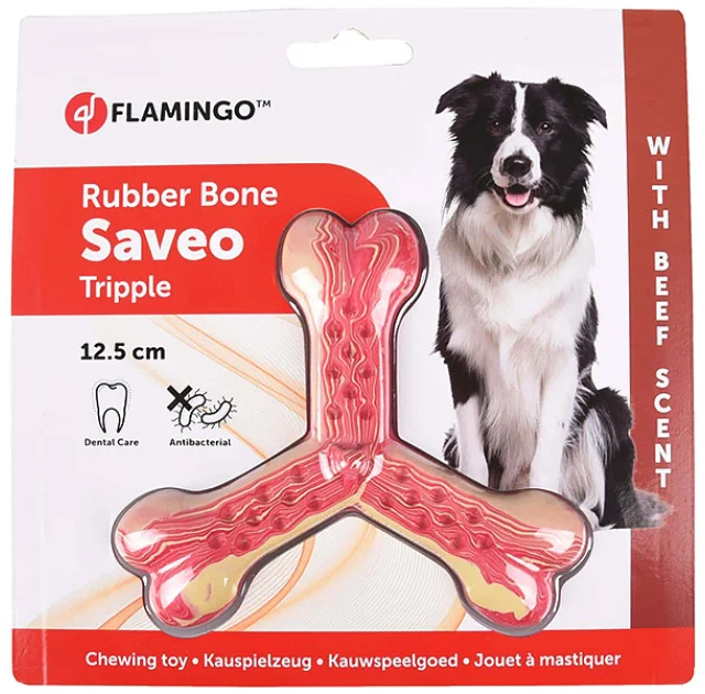 Игрушка Flamingo Rubber Flexo Saveo Triple Bone Beef, вкус говядины, для собак, 12.5×11 см