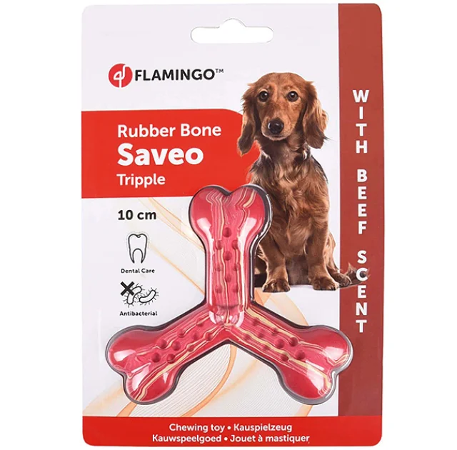 Игрушка Flamingo Rubber Flexo Saveo Triple Bone Beef, вкус говядины, для собак, 10×8.5 см