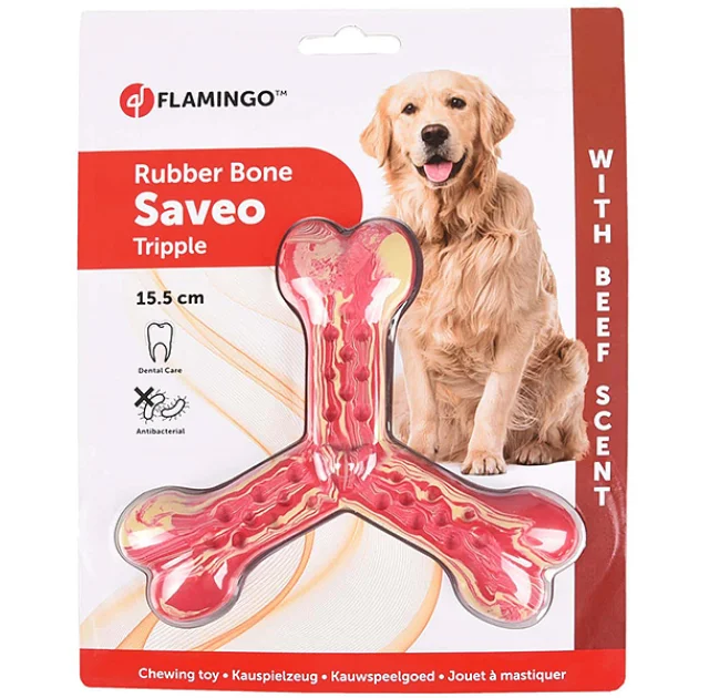 Игрушка Flamingo Rubber Flexo Saveo Triple Bone Beef, вкус говядины, для собак, 15.5×14 см
