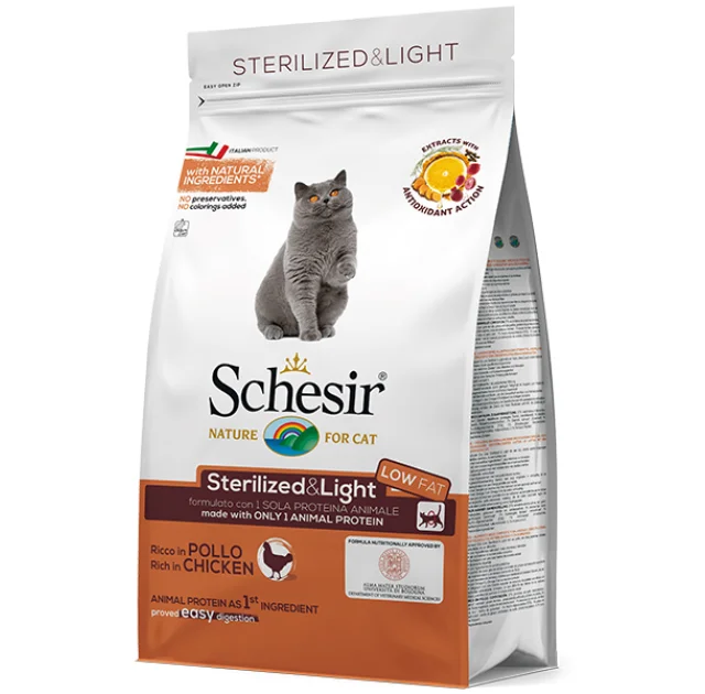 Сухой корм Schesir Cat Sterilized & Light с курицей, для стерилизованных кошек и кастрированных котов, 1.5 кг