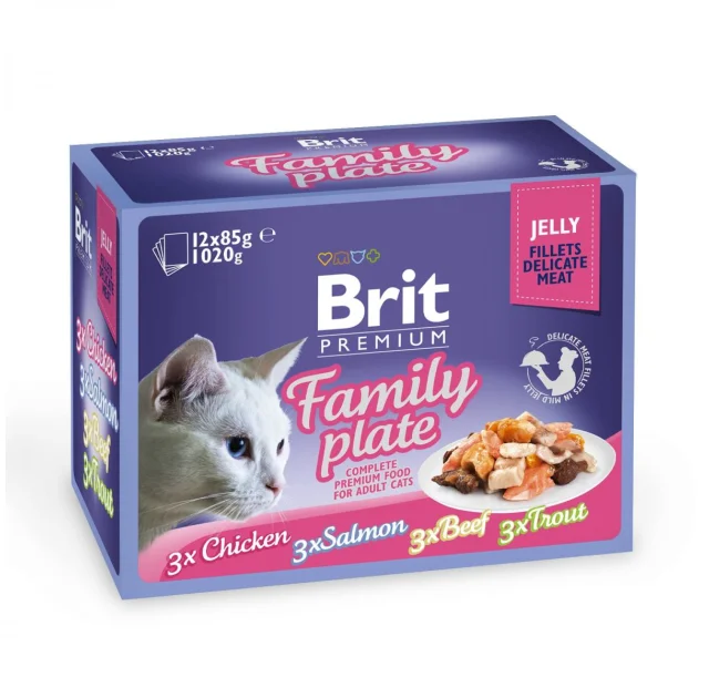 Вологий корм Brit Premium Cat набір паучей, для кішок, сімейна тарілка в желе, 12 шт, 85 г