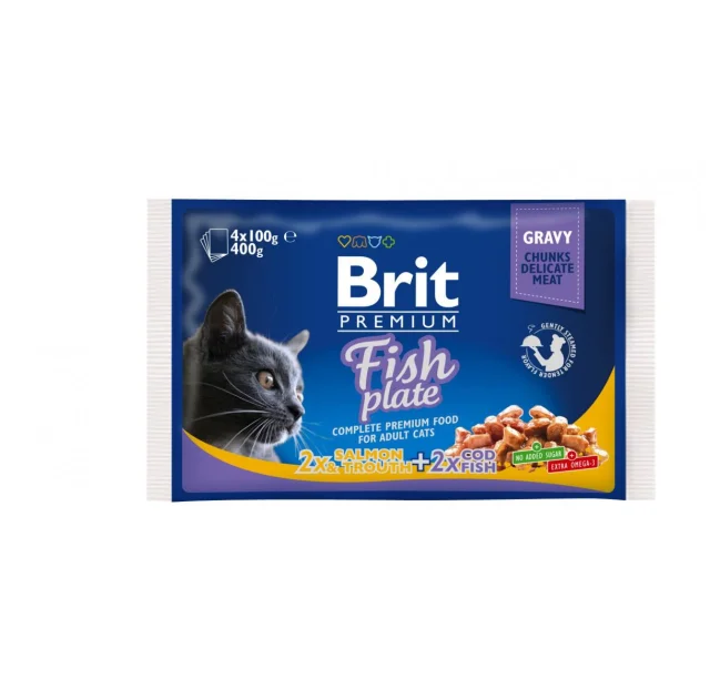 Влажный корм Brit Premium Cat набор паучей, для кошек, рыбная тарелка в соусе, 4 шт, 100 г