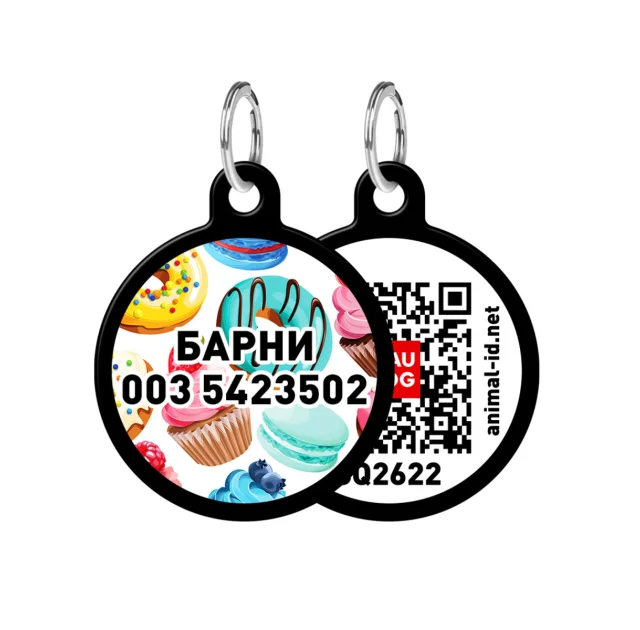 Адресник персональный WAUDOG Smart ID с QR-паспортом,  с рисунком "Пончики", диаметр 30 мм, черный