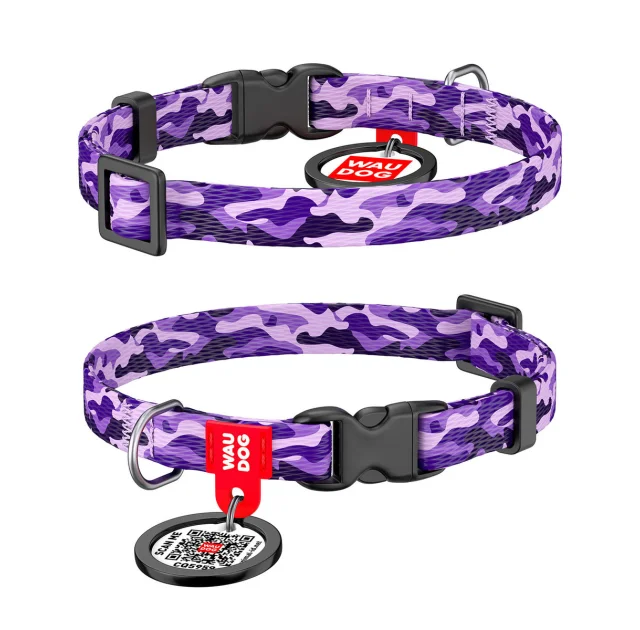 Ошейник WAUDOG Nylon с QR паспортом, рисунок "Фиолетовый камо" ширина 10 мм, длина 20-30 см