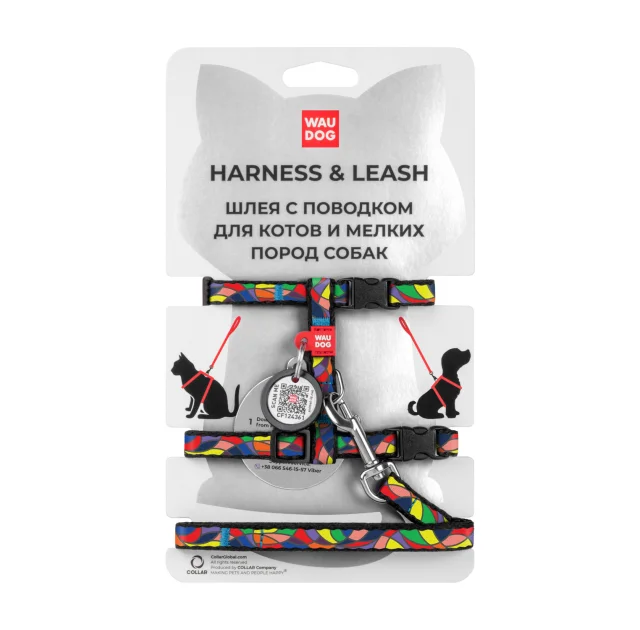 Шлея с поводком Waudog Nylon, для котов, с QR паспортом, рисунок Витраж, 10 мм, 122 см, 20-30 см/25-40 см