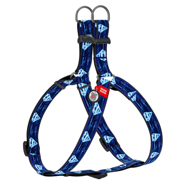 Шлея Waudog Nylon для собак, с QR паспортом, рисунок Супермен 1, синий, 25 мм, 60-90 см
