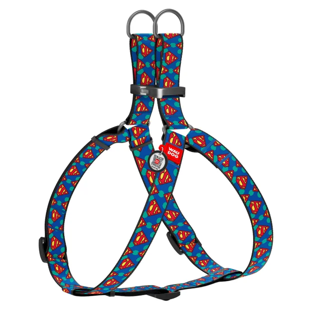 Шлея Waudog Nylon для собак, с QR паспортом, рисунок Супермен Лого, синий, 20 мм, 50-80 см