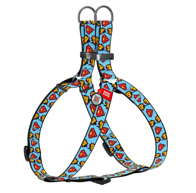 Шлея Waudog Nylon для собак, с QR паспортом, рисунок Супермен, голубой, 15 мм, 40-55 см