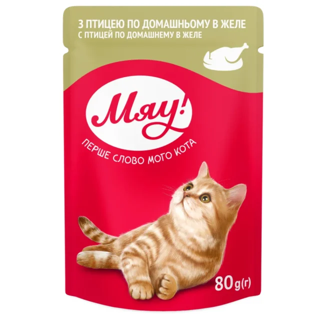 Влажный корм Мяу для кошек, с птицей в желе, 80 г