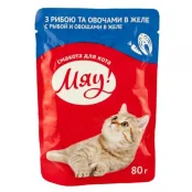 Влажный корм Мяу для кошек, с рыбой и овощами в желе, 80 г