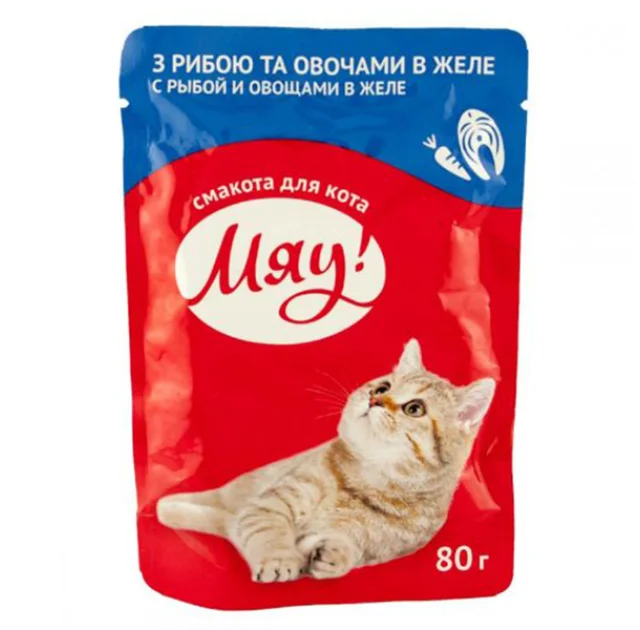 Влажный корм Мяу для кошек, с рыбой и овощами в желе, 80 г