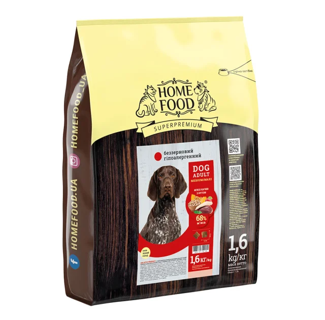Сухой корм Home Food для взрослых собак средних и крупных пород, с уткой и нутом, гипоаллергенный, беззерновой, 1.6 кг