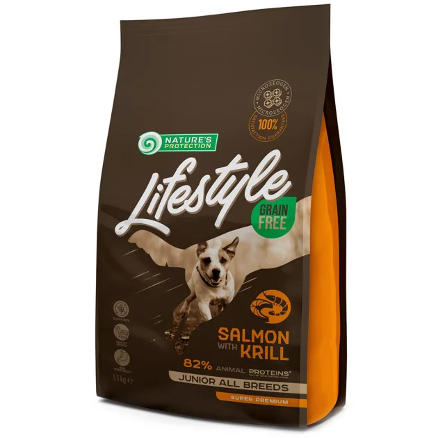 Сухой корм Nature's Protection Lifestyle Grain Free Junior для щенков, с лососем и крилем, 1.5 кг