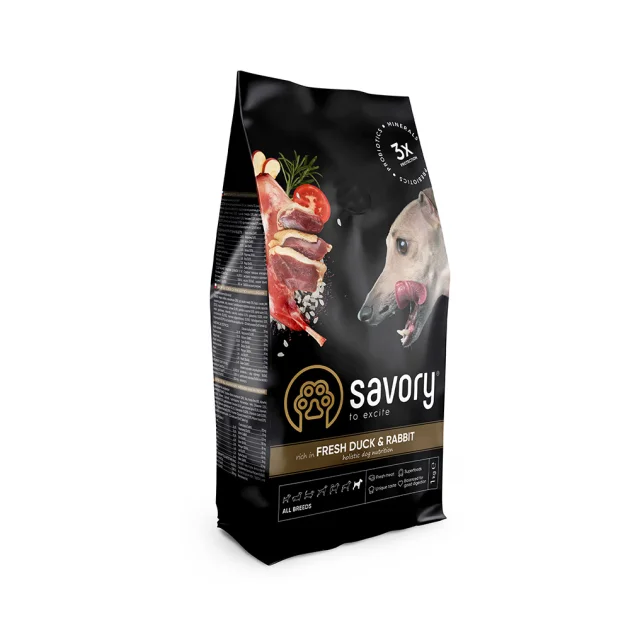 Сухой корм для собак всех пород Savory, со свежим мясом утки и кроликом, 1 кг